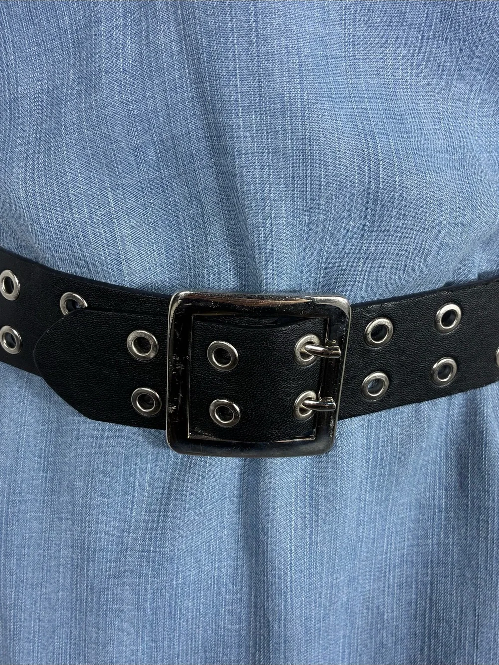 Womens belt Black faux Leather Belt double silver eyelets 34” long Y2K punk goth